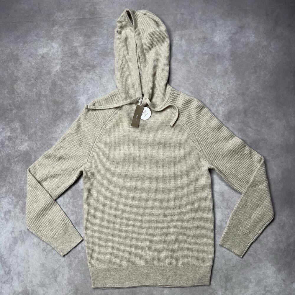 J. Crew 100% Cashmere Waffle Knit Hoodie Beige Hooded Pullover Men’s XS NWT
